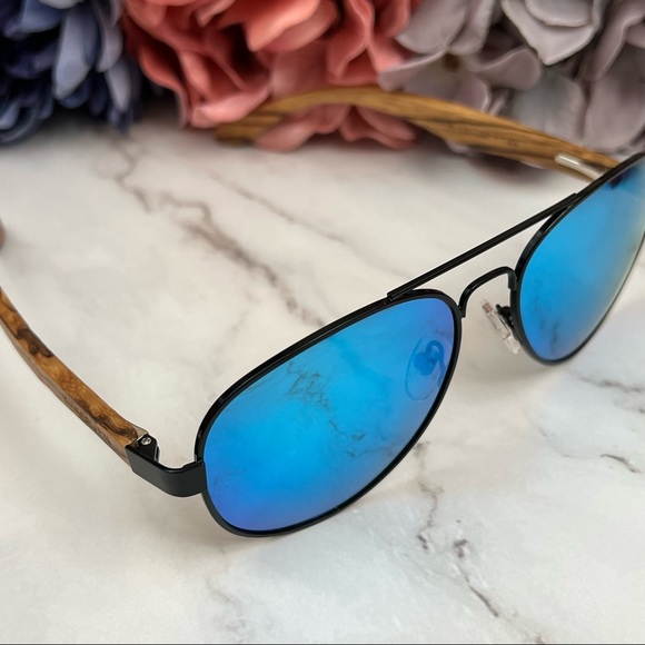 KINGSEVEN Natural Zebra Wood Blue Mirrored Polarized Aviator Sunglasses - Picture 8 of 16